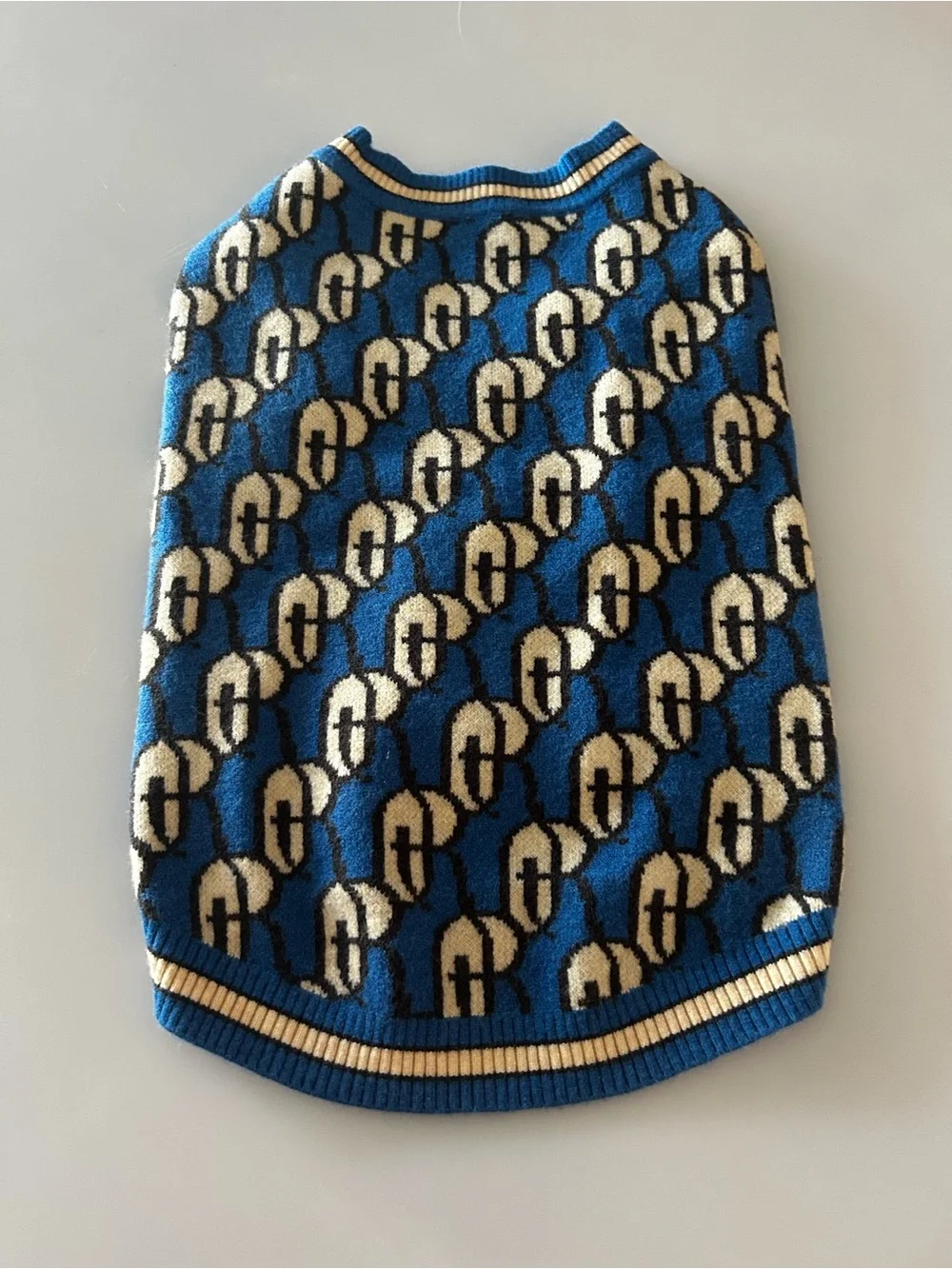NWT On The Roll Luxury Monogram Dog Cardigan Sweater - Blue/Cream - Size Large